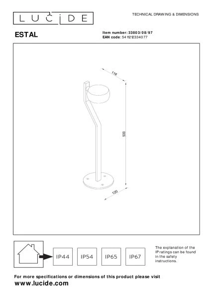 Lucide ESTAL - Borne extérieur - LED - 1x9W 2700K - IP54 - Rouille - technique